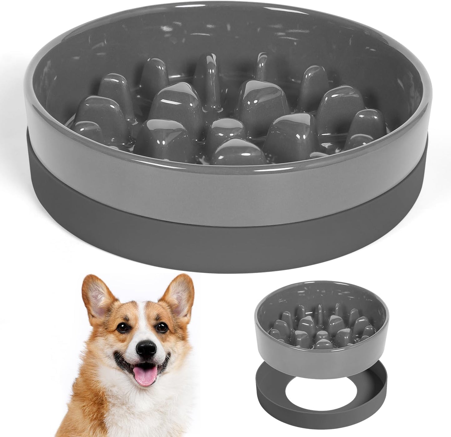 Ceramic Slow Feeder Dog Bowls with Silicone Base, Slow Feeding Dog Bowl Small Medium Breed, Dog Food Bowls for Fast Eaters, Slow down Eating, Puzzle Dog Food Bowl, Maze Grey