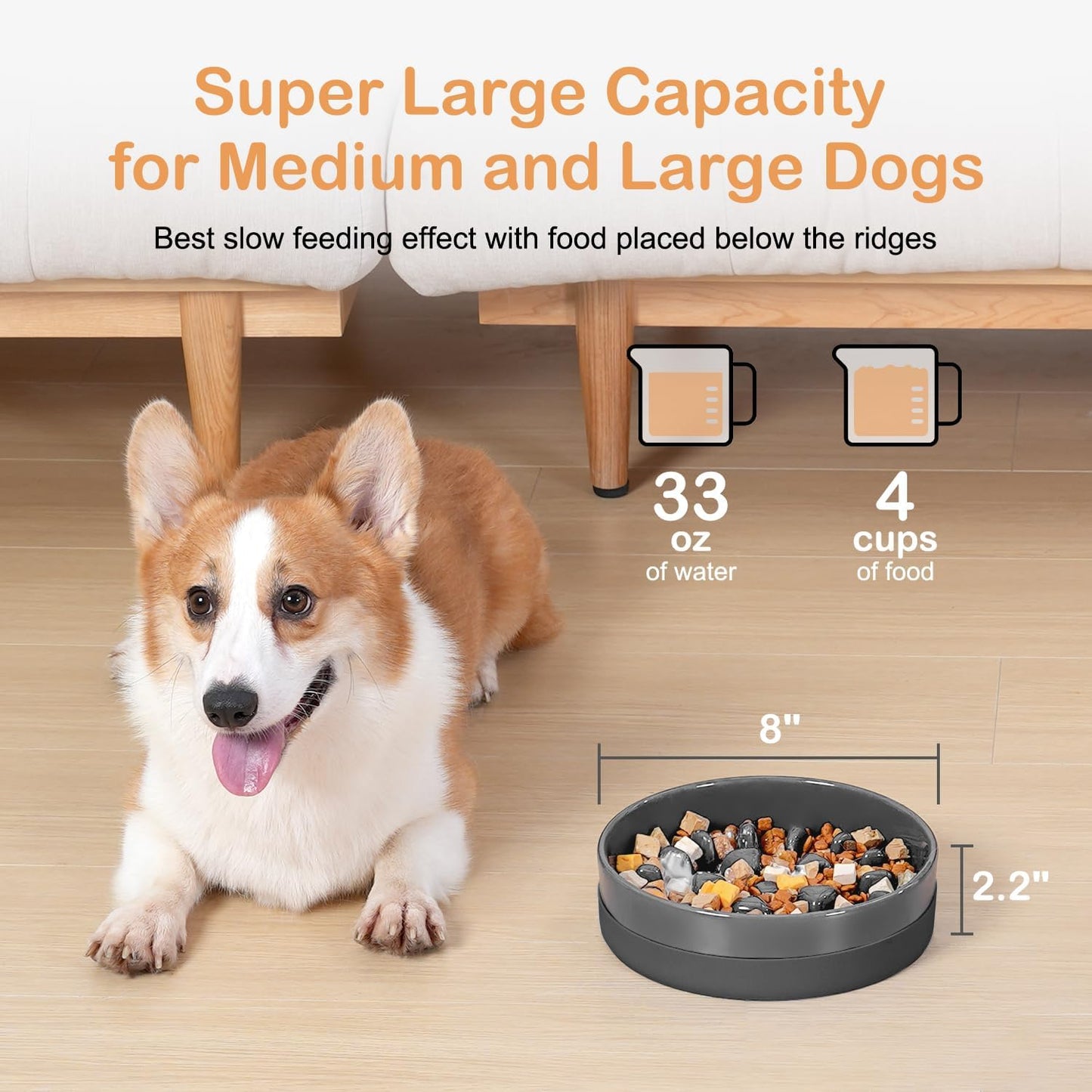 Ceramic Slow Feeder Dog Bowls with Silicone Base, Slow Feeding Dog Bowl Small Medium Breed, Dog Food Bowls for Fast Eaters, Slow down Eating, Puzzle Dog Food Bowl, Maze Grey