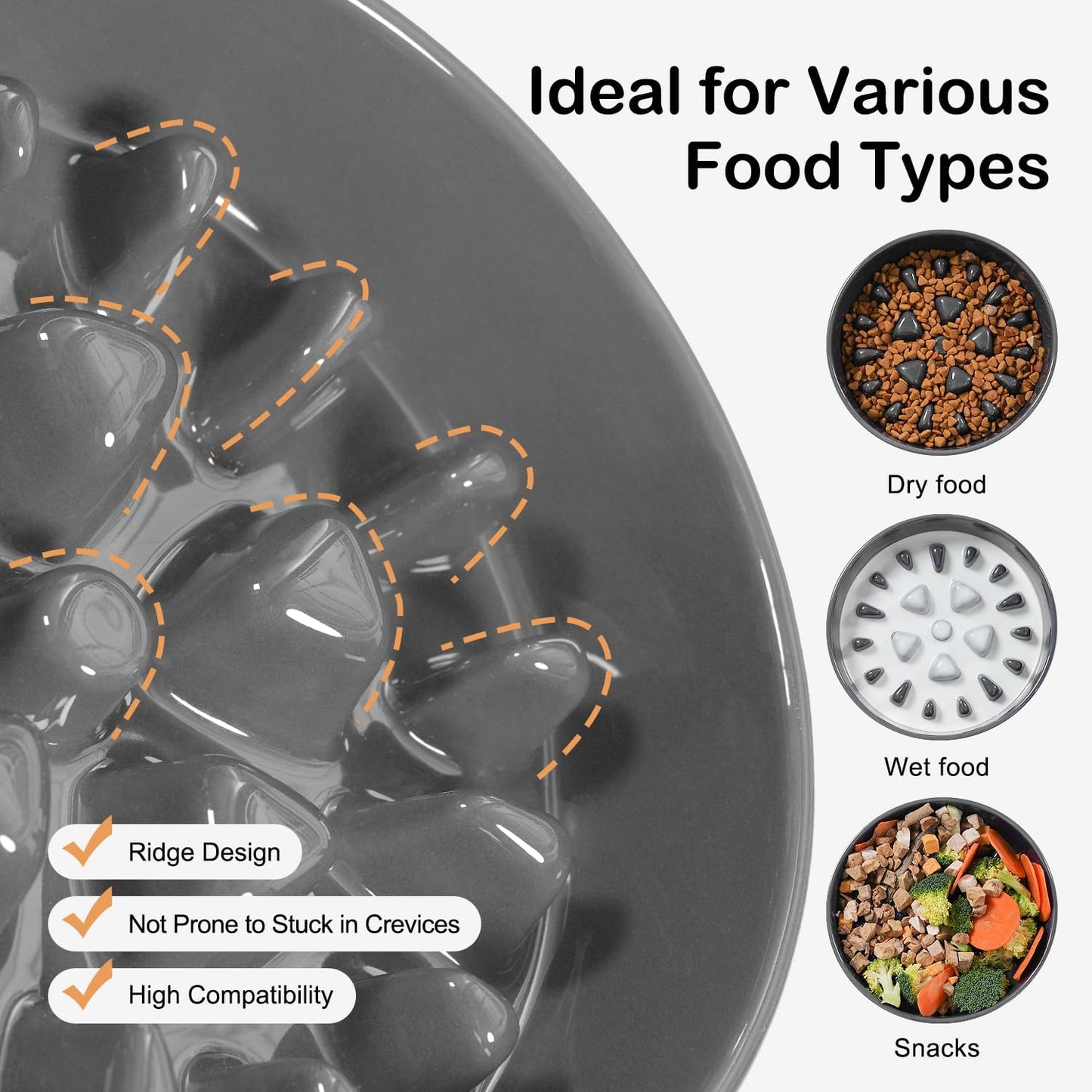 Ceramic Slow Feeder Dog Bowls with Silicone Base, Slow Feeding Dog Bowl Small Medium Breed, Dog Food Bowls for Fast Eaters, Slow down Eating, Puzzle Dog Food Bowl, Maze Grey