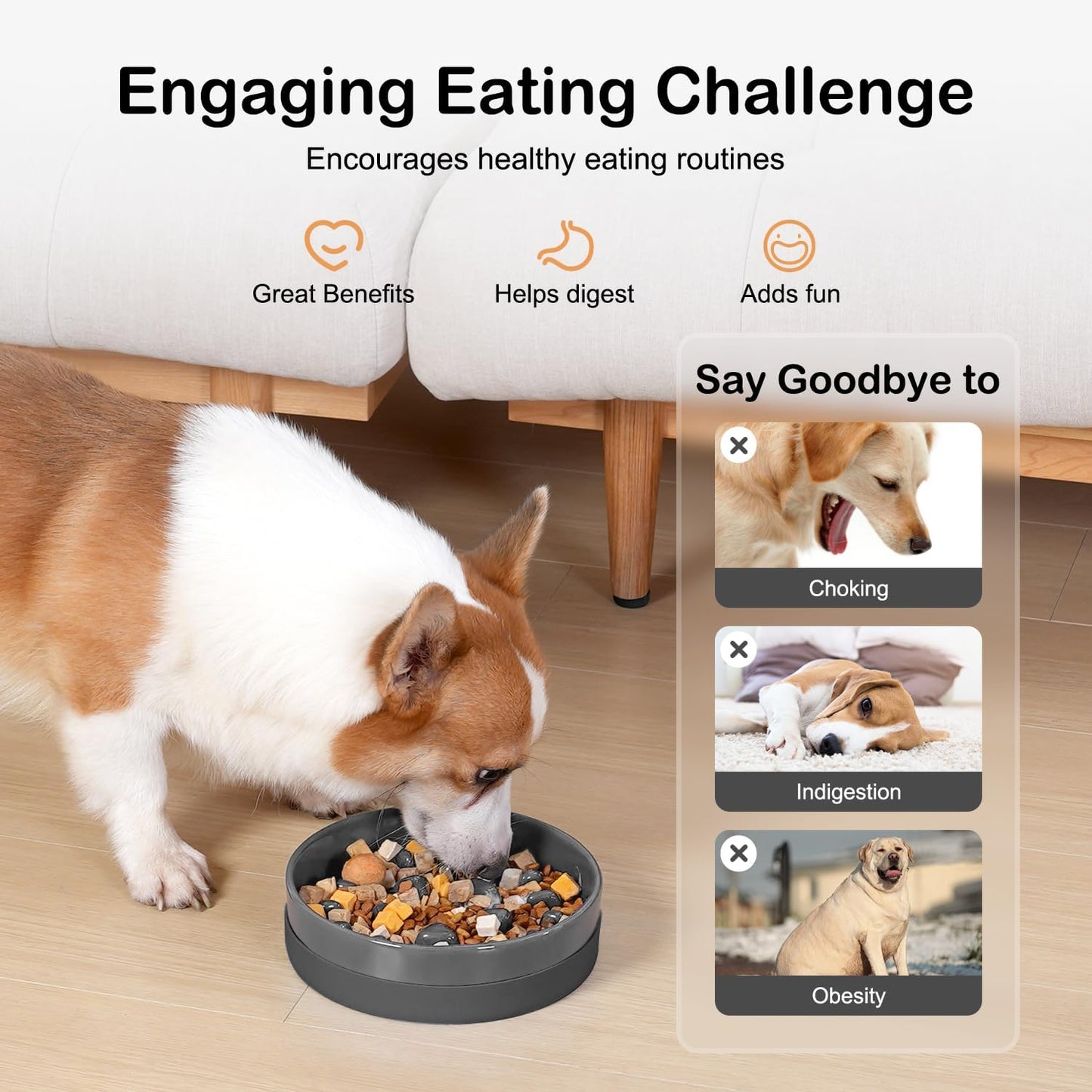 Ceramic Slow Feeder Dog Bowls with Silicone Base, Slow Feeding Dog Bowl Small Medium Breed, Dog Food Bowls for Fast Eaters, Slow down Eating, Puzzle Dog Food Bowl, Maze Grey